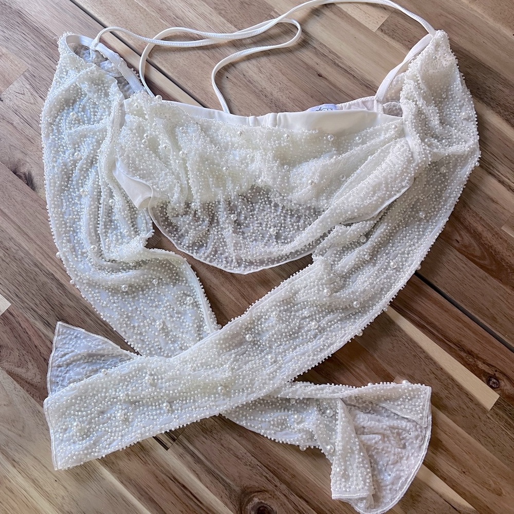 Embellished Cowl Neck Crop Top in Ivory - Picture 1 of 3